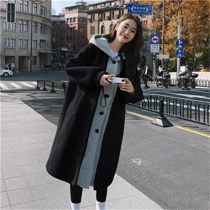Fake Two-piece Hooded Plush Coat For Women  Autumn Winter New Plush Thickened Warm Loose Fitting Slimming Mid Length Jacket Tren