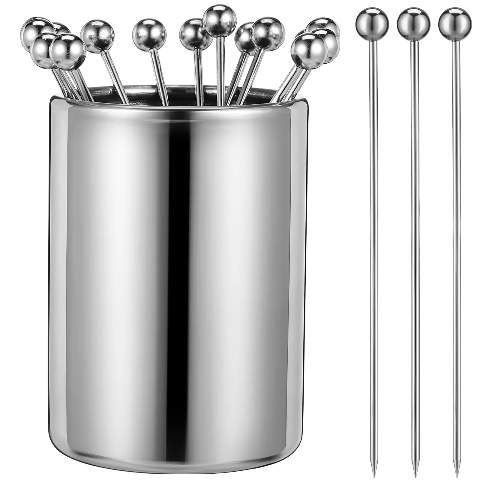 

1 set Stainless Steel Toothpick Holder Set Cocktail Picks 8x5 6cm Bucket Reusable Metal Skewers for Barbecue Fruits Desserts