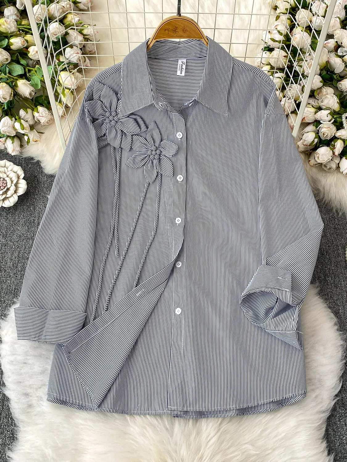 

Korean Sle Long Sve Loose Fit Striped irt Women's Summer Slimming Top Coat Casual Commute Faion Collar Design