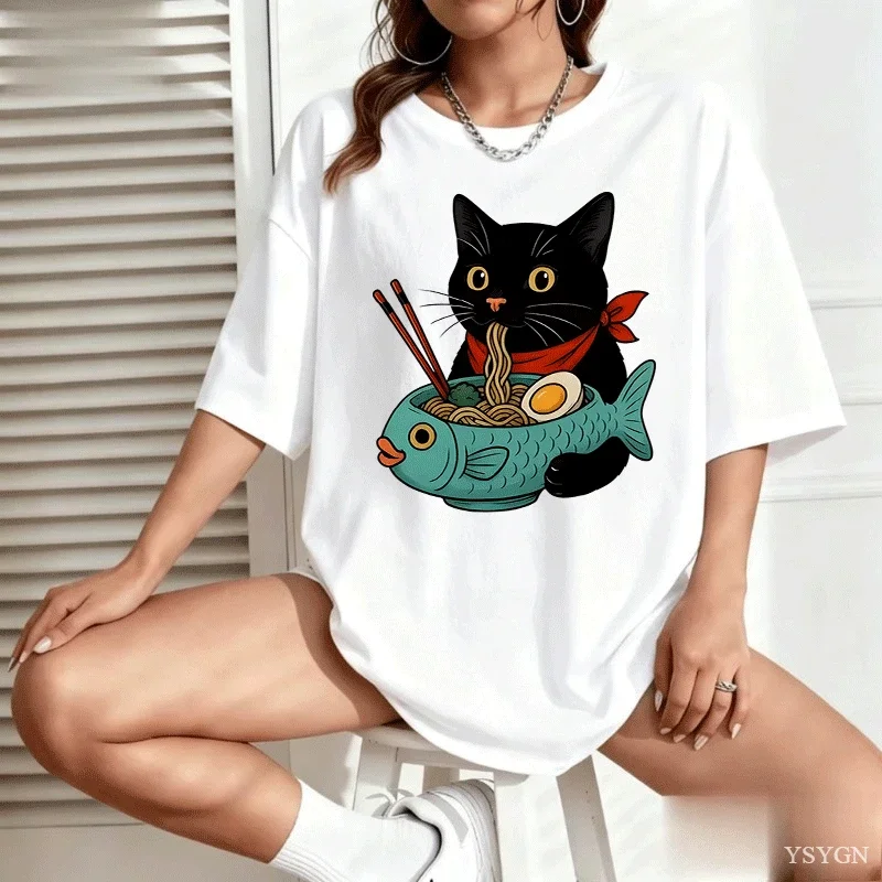 Cat Lover T Shirt Women Funny Ramen Cat T-Shirt Noodle Kawaii Japanese Food Cats Tee Casual Short Sleeve Round Neck Clothing Y2K
