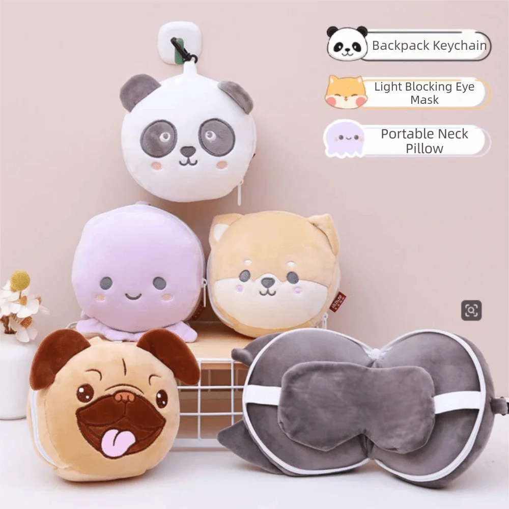 Creative 2 in 1 Neck Pillow Portable Cartoon Travel Eye Cover Multifunctional Velvet Napping Sleeping Pillow Office
