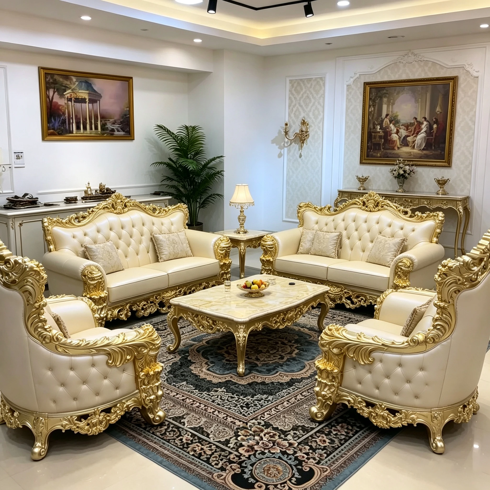 Z*-Classic French Style Full Leather Sofa Suite Hand Sculpted Floral Wood  Cushions for Large Household Hall^