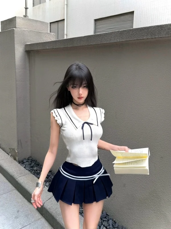 

Summer New Sweet Spicy Girl Knitted Sleeveless Slimming High Waist Skirt Two-Piece Set Fashionable College Style Knot