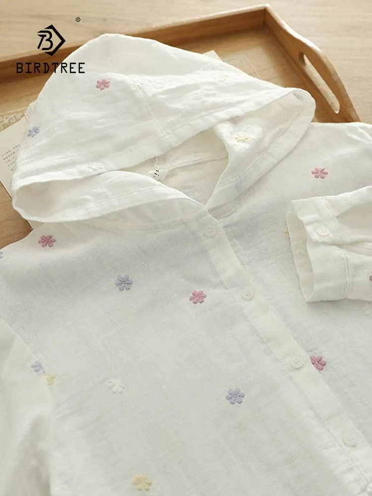 

New 2025 Autumn Cotton Hooded Shirt, Women Long Sleeve Embroidery, Mori Girl OL Commute Sweet Sunscreen Loose Blouse T57517CC