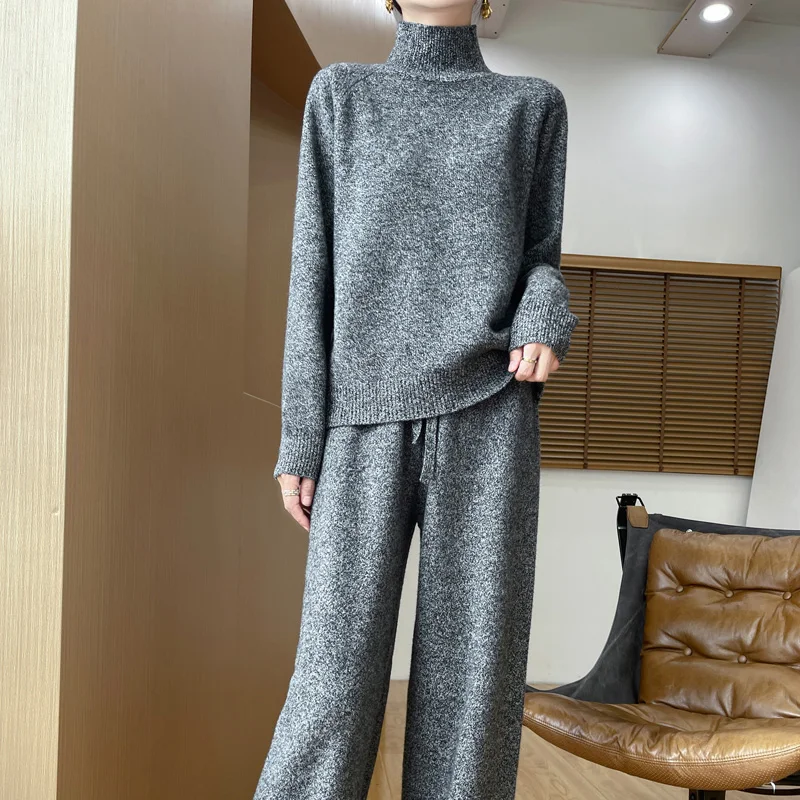 Women\'s set 2024 new 100% wool knitted high neck pullover sweater comfortable long wide leg pants women\'s cashmere two-piece set