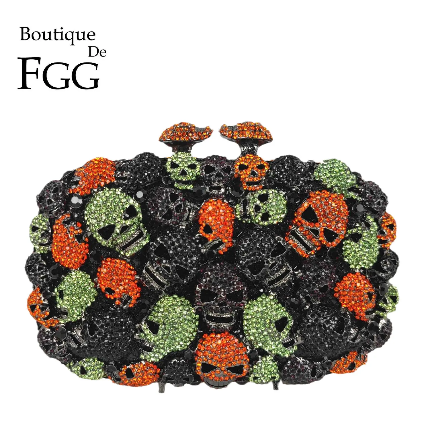 Boutique De FGG Halloween Orange \\ Black \\ Green Women Mini Skull Clutch borse da sera Party Cocktail Haloween Crystal borse Handbag