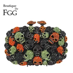 Boutique De FGG Halloween Orange \ Black \ Green Women Mini Skull Clutch borse da sera Party Cocktail Haloween Crystal borse Handbag