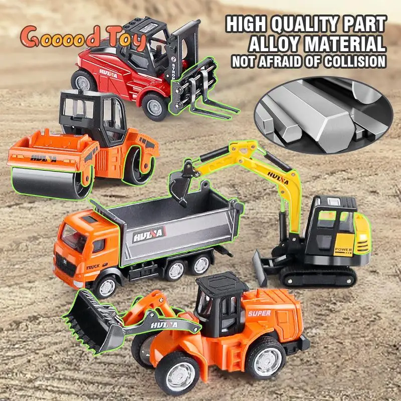 HUINA 1:80 Alloy Engineering Car Toy Forklift Road Roller Dump Truck Excavator Bulldozer Model Construction Trucks Kids Toy Gift