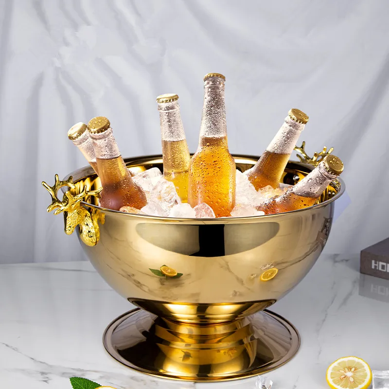 

13.5L 304 Stainless Steel Golden Silver Wine Beer Ice Bucket for Cocktail Drinks Large Deer Head Ear Cooling Champagne Bowl