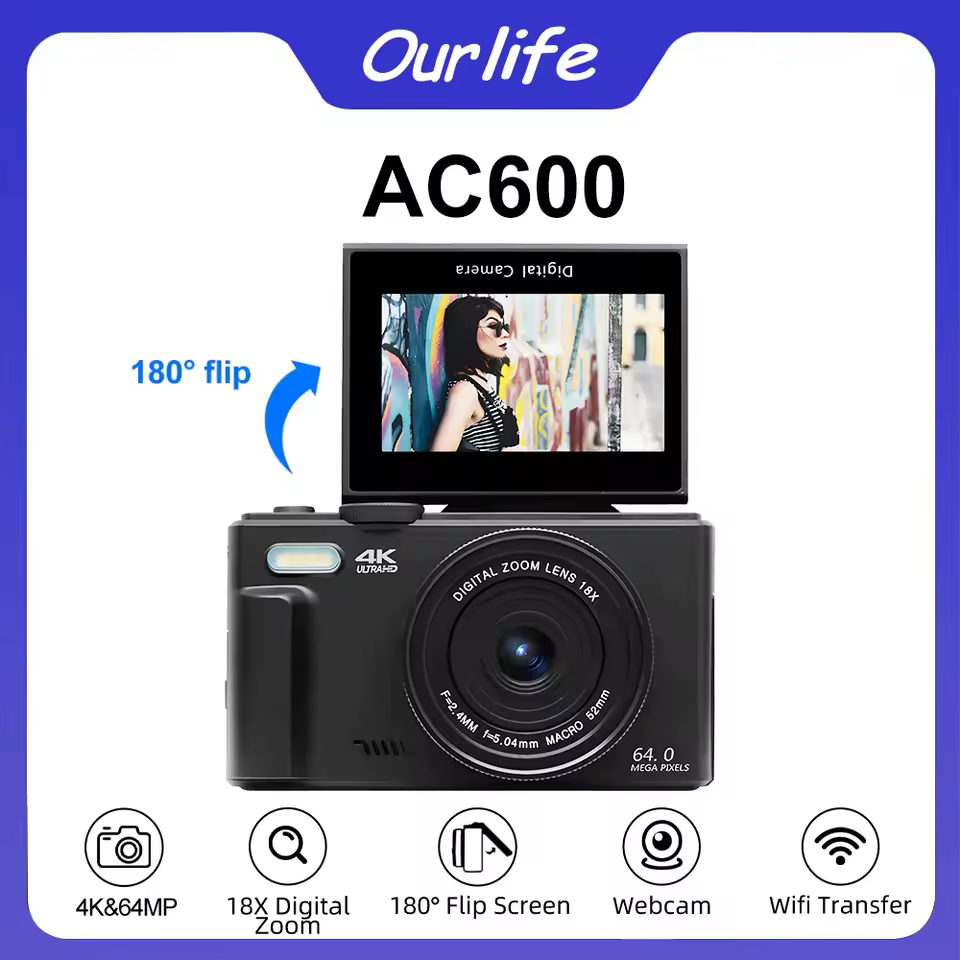 컴팩트 디지털 사진 카메라 4K 18X 디지털 줌 빈티지 브이로그 비디오 레코더 YouTube 180 ° 플립 스크린 셀카 WiFi 웹캠