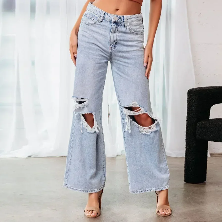 

Women Jeans High Waist Wide Leg Pants Washing Denim Loose Streetwear Y2k Zipper Fly Pockets Mom Slight Strech Holes Spring