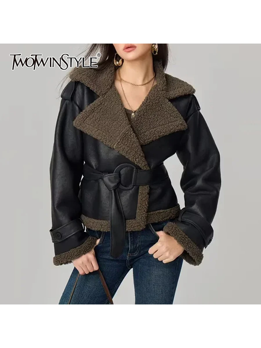 

TWOTWINSTYLE Fashion Spliced Belt Short Jackets for Women Lapel Long Sleeves Patchwork Buttons Leather Jacket Female Clothes New