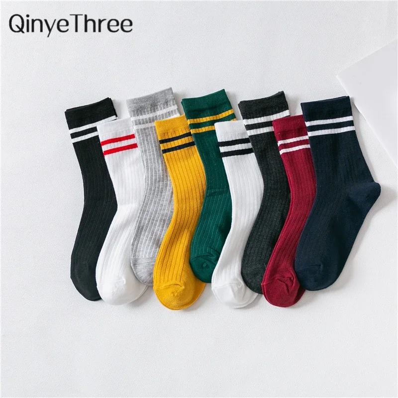 3 Pairs / Lot High School Girls Harajuku Socks Solid Colors Needles Knitting Striped Cotton Sokken Women Dropship