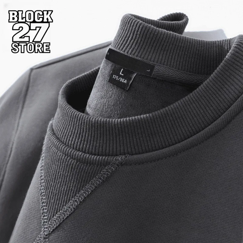 Heavyweight Crewneck Sweatshirt Men Loose Fit Plus Size Autumn Winter Pullover Solid Color Casual Basic Triangle Neck Top New