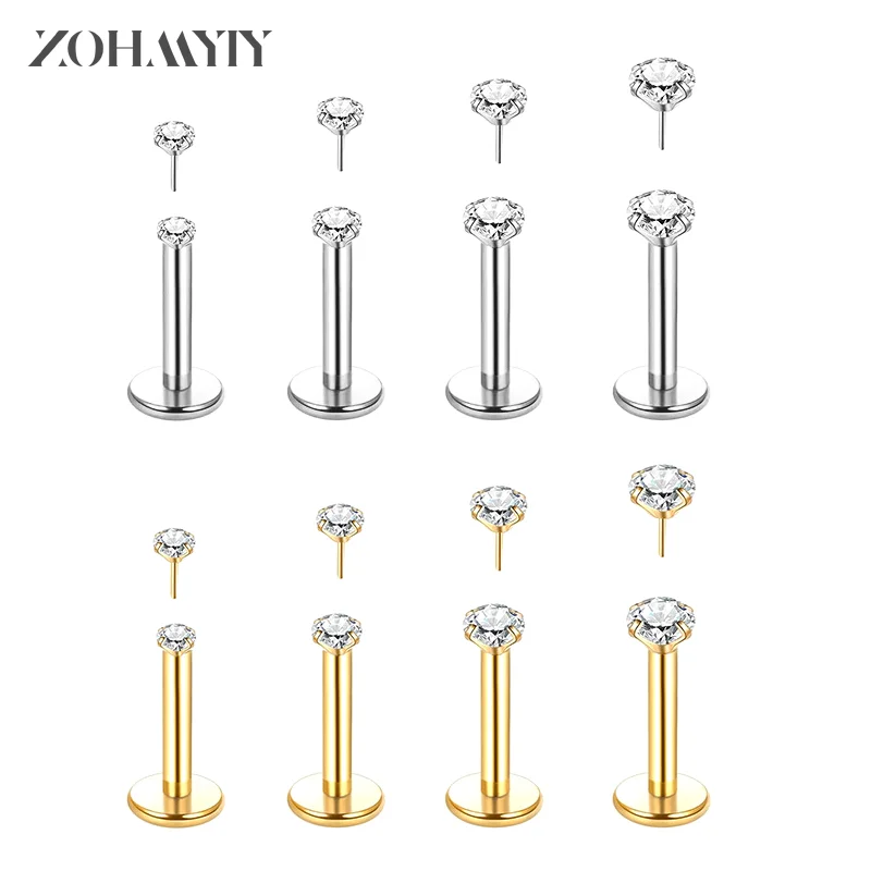 Titanium Steel Labret Piercing Set, Crystal Lip Stud, Orelha Tragus Helix Cartilagem Piercing, Ouro e Cor Prata, 1 Pc, 4Pcs