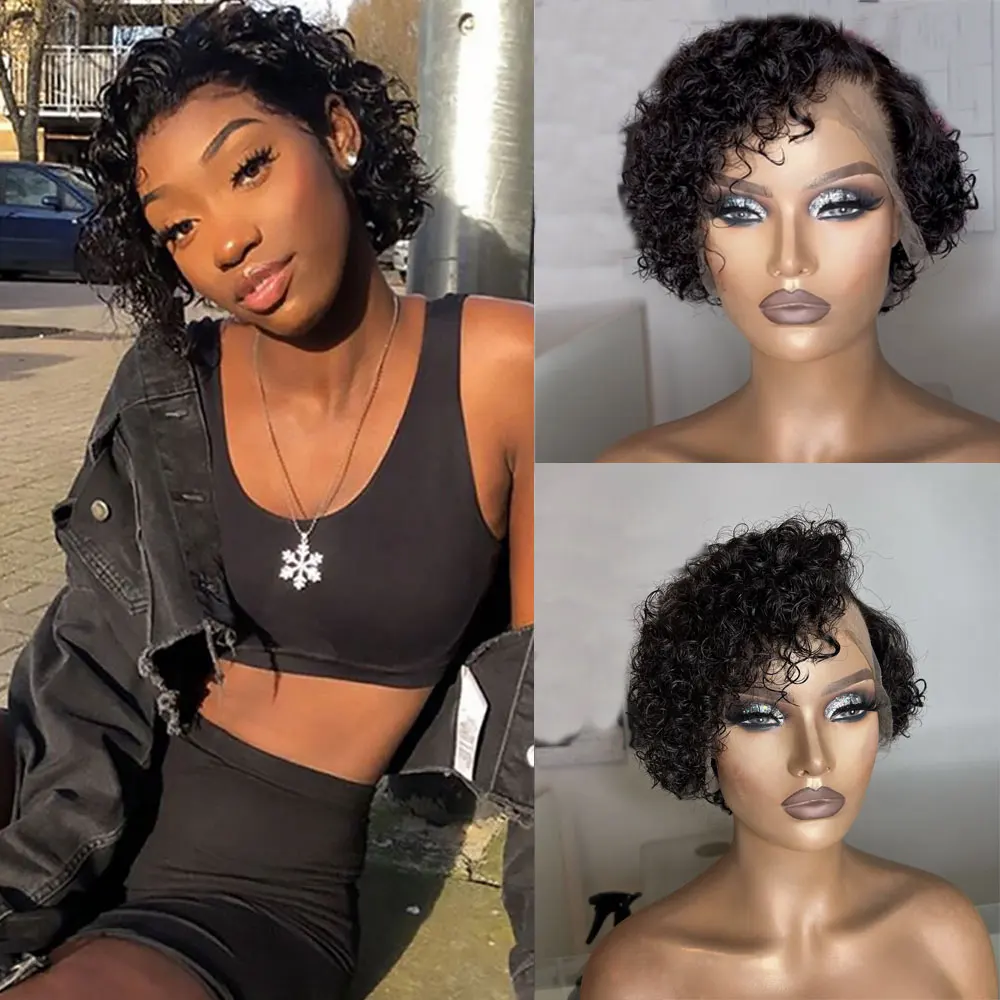 Hesperis Pixie Cut Wig Short Bob Curly Human Hair Wig perruque bresillienne 13X6 Transparent Lace Wig Water Deep Wave Human hair