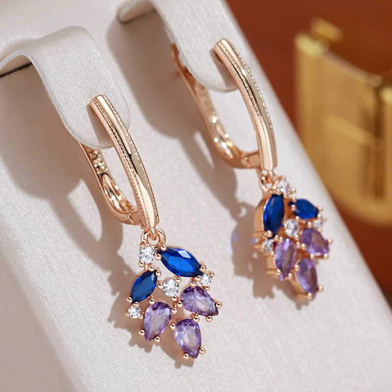 JULYDREAM Leaf Shape Purple Blue Zircon Long Pendant Earrings 585 Gold Color Women Party Wedding Jewelry Sparkling Accessories