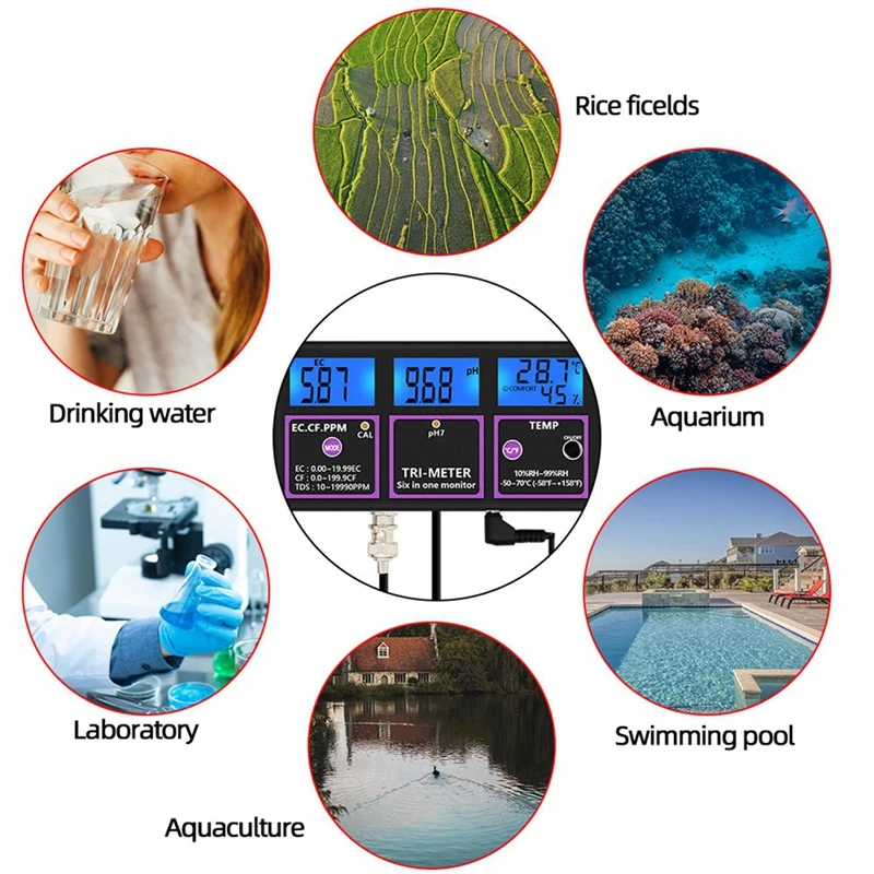 BAAG-PH-116 6 In 1 Water Quality Tester Digital PH Meter PH/Temp/EC/CF/RH/TDS Monitor Water Detector For Pool EU Plug