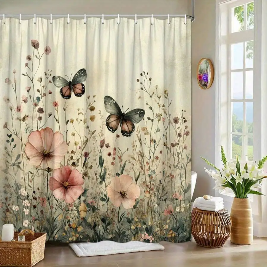 

Floral Butterfly Shower Curtain Pink Peach Flowers Soft Beige Washable Polyester with Hooks Nature Bathroom Decor