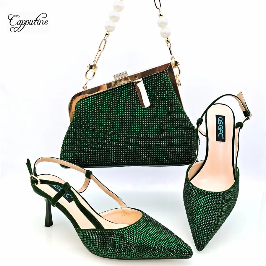 

Green Women Shoes And Bag Set To Match Fashion Sandals High Heels Pumps With Handbag Clutch Escarpins Femme Sandales QSL066