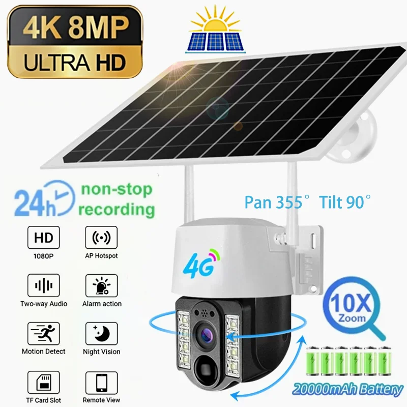 4K Solar Camera 4G Sim Card Outdoor Surveillance Camera with Solar Panel PIR & AI Detection Smart Night vision 2-Way Audio