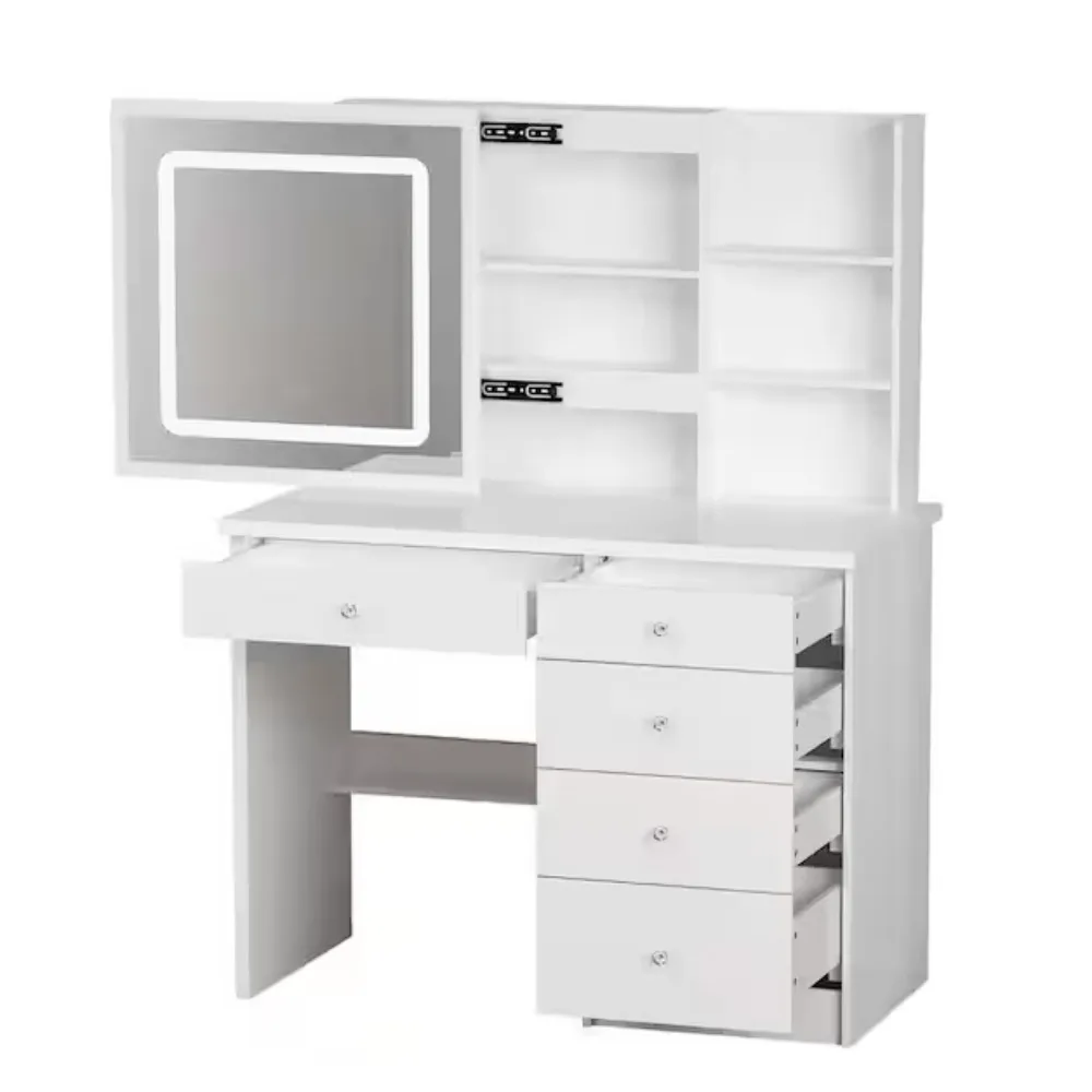 5 أدراج خشبية LED دفع سحب مرآة ماكياج الغرور مجموعات منضدة الزينة مع البراز وأرفف تخزين 3 طبقات
