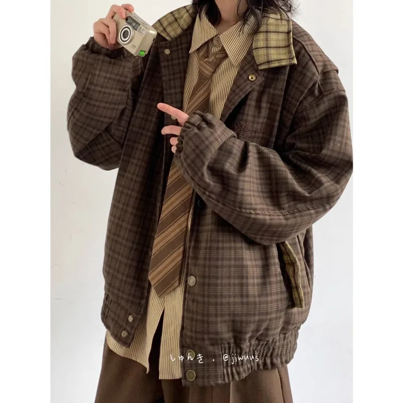 Japanese Retro Plaid Harajuku Casual Jackets for Men Korean Fashion Patchwork Lapel Loose Jacket Coats Y2k Streetwear