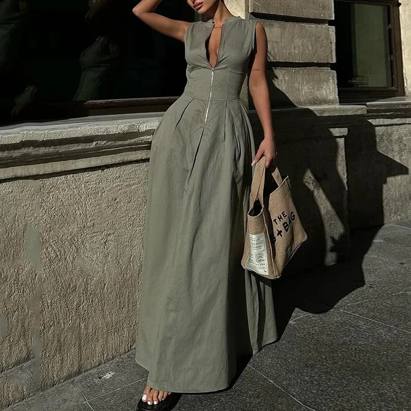 Wefads Long Dress Women Summer Casual Simple Loose Solid V Neck Zipper Sleeveless Waist Beach Maxi Dresses High Streetwear