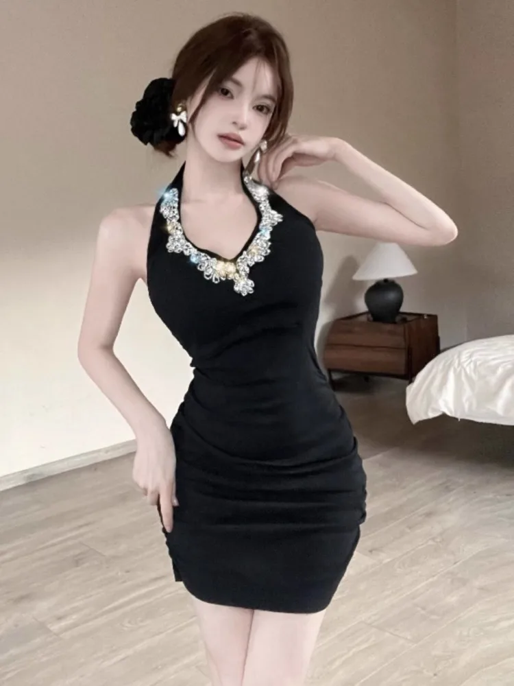 Topanoma Party Evening Dresses Women Rhinestone Halter Sleeveless Sexy Slim Cocktail Mini Dress Backless Ladies Clubwear Banquet