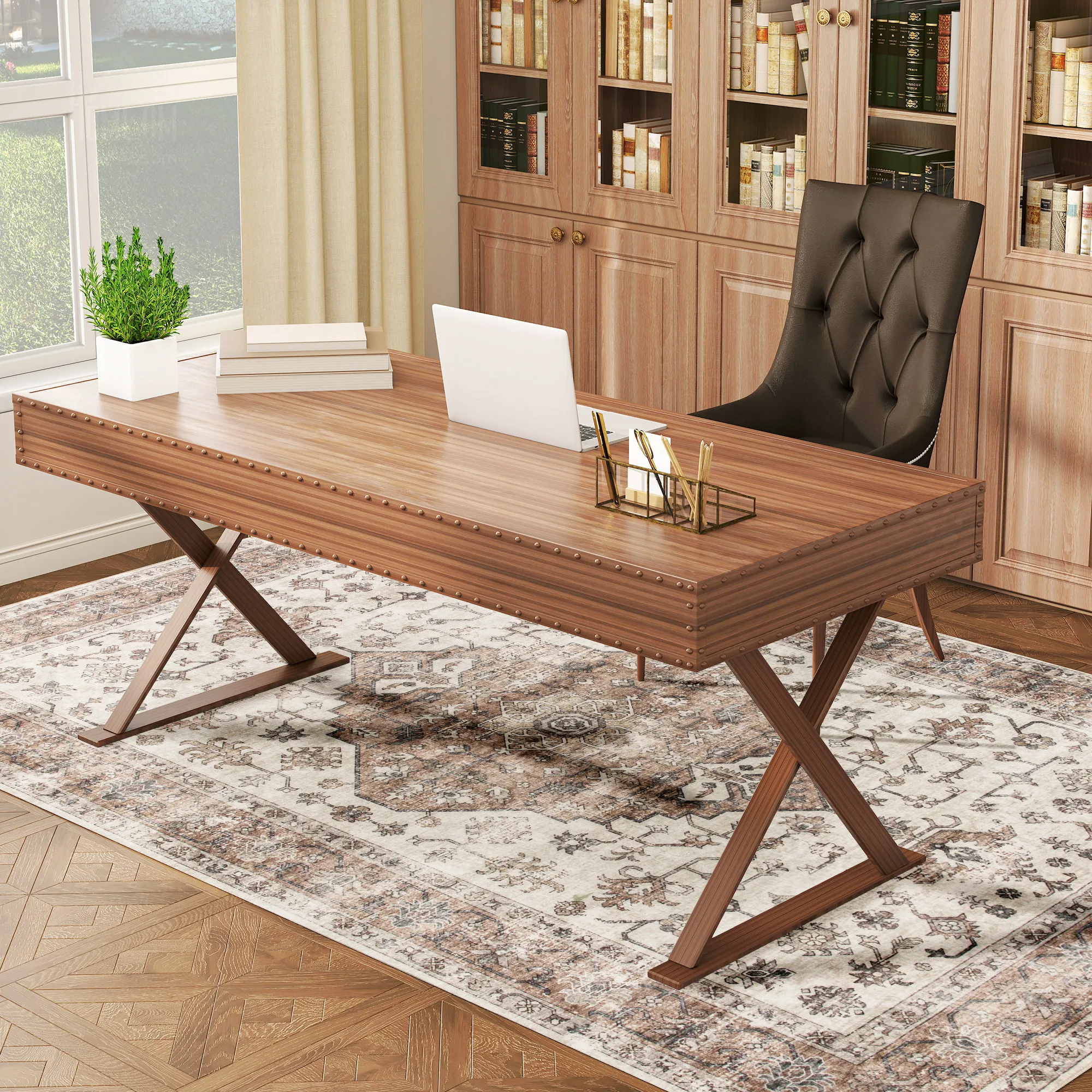 HOMCOM Machine Washable Area Rug, 4'x6' Vintage Oriental Medallion Distressed Rugs for Living Room, Non-Slip Low Pile Boho Carpet for Bedroom Dining Room, Soft Printed Floor Mat, Tan