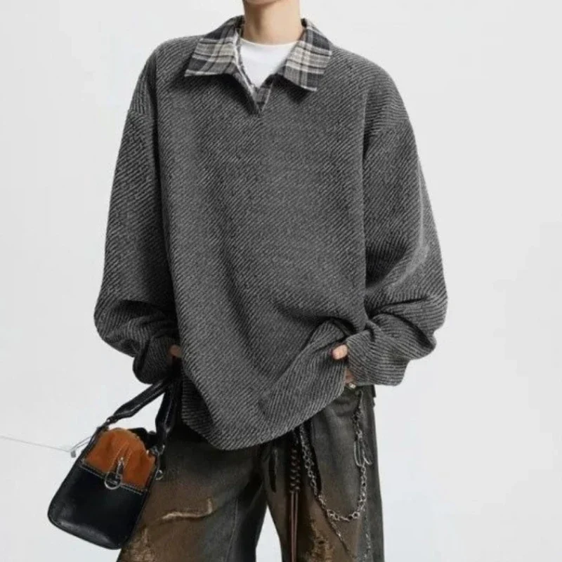 American Style Striped Contrast Shirt Knit Cardigan Men Autumn Two Piece Set