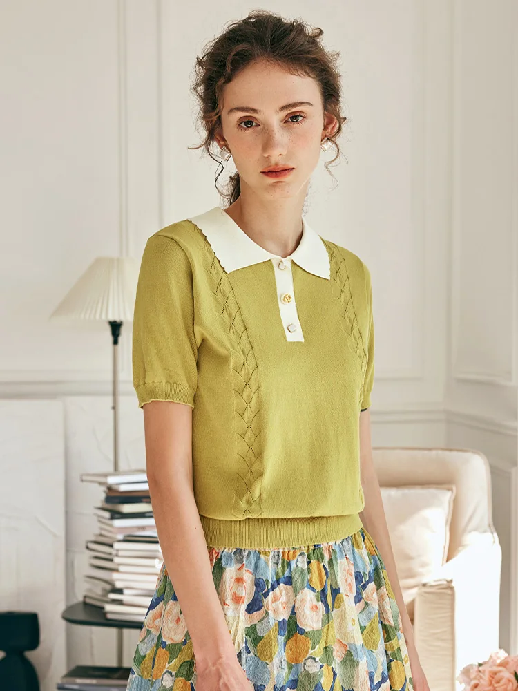 OLrain-Jersey de punto con cuello tipo Polo para mujer, Jersey informal de retazos con manga abombada, estilo francés, verano 2025, O23XZ69061