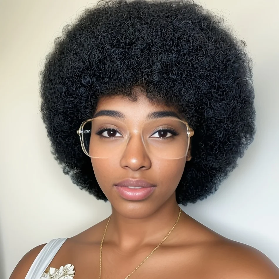 여성용 짧은 곱슬 가발, 풍성한 아프로 인모 가발, 150% 밀도 곱슬 인모 가발, 전체 기계 제작 픽시컷 가발