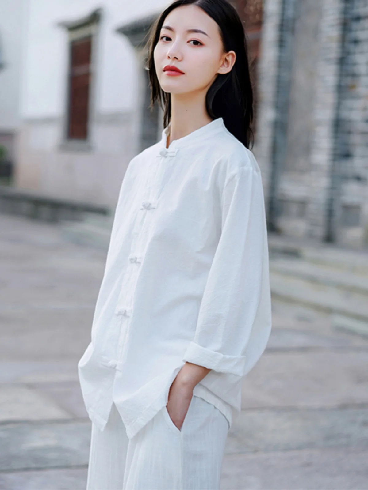 루즈핏 코튼 린넨 태극권 연습복 여성용 큰 사이즈 오픈 가디건 스타일 캐주얼 빈티지 상하의 세트