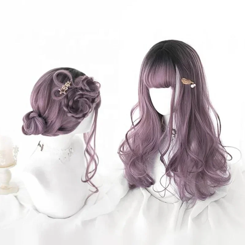 1-High Quality 55cm Long Wave Black Purple Mixed Wig Cosplay Synthetic Hair Anime Peluca Lolita Wigs For Girls CS-826A