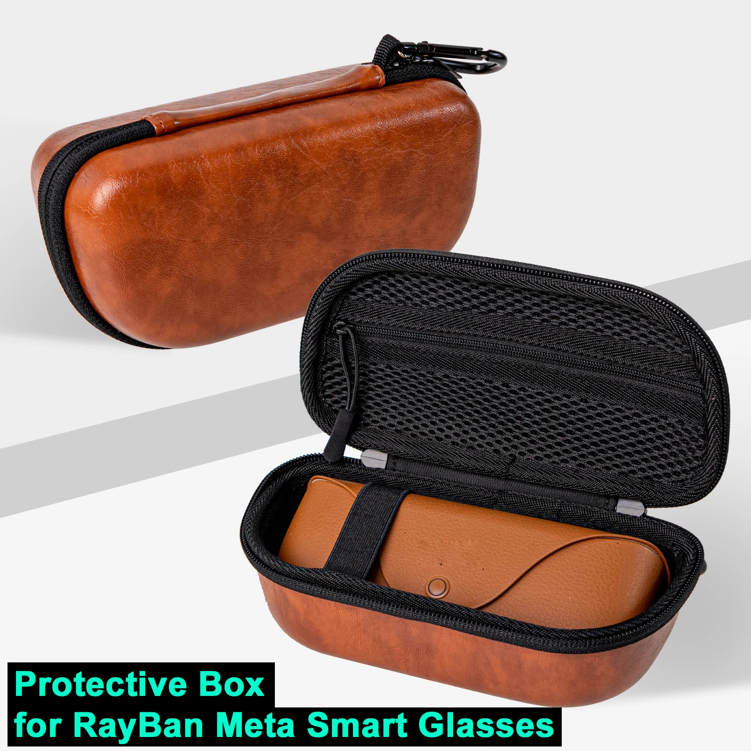 Caixa protetora portátil para óculos inteligentes rayban meta wayfarer, bolsa de armazenamento rígida de couro pu anti-queda com gancho