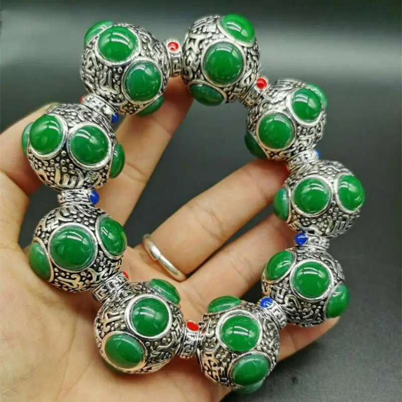 

Old Tibet Silver Hand-Carved Flower Tibetan Silver Inlaid Green Jade Bracelet