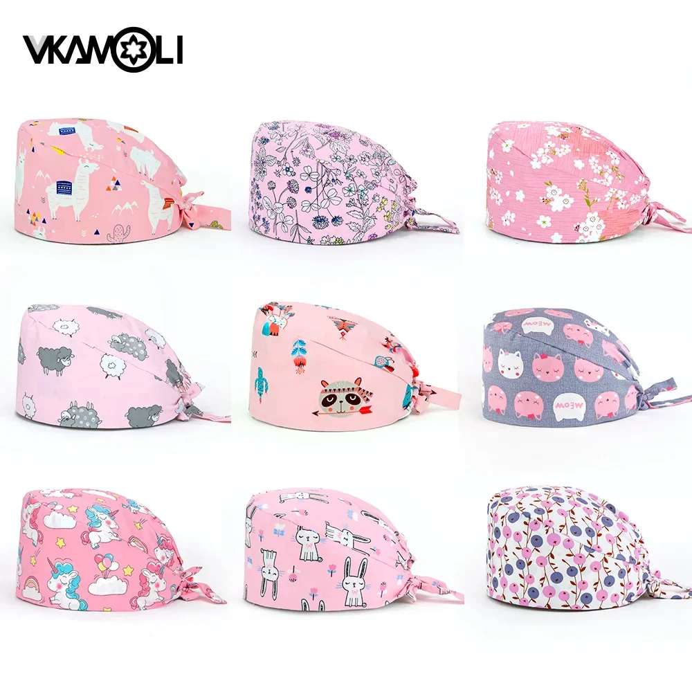 Floral print adjustable printing breathable veterinary hat nursing scrubs cap Dentistry lab cap Pet caring Beauty salon work hat