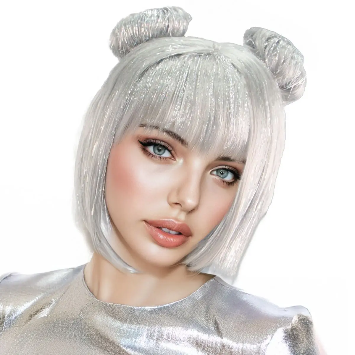 ผมสั้นสีเงิน วิกผมสังเคราะห์รูปลูกชิ้น ปาร์ตี้วันหยุด ใส่ของขวัญ