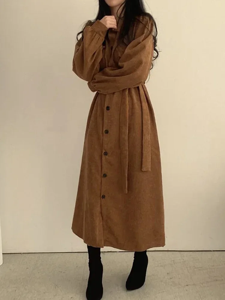 

Вельветовые платья для женщин, однобортное однотонное осенне-зимнее длинное платье, корейская мода, бандажные платья в стиле ретро, Vestidos