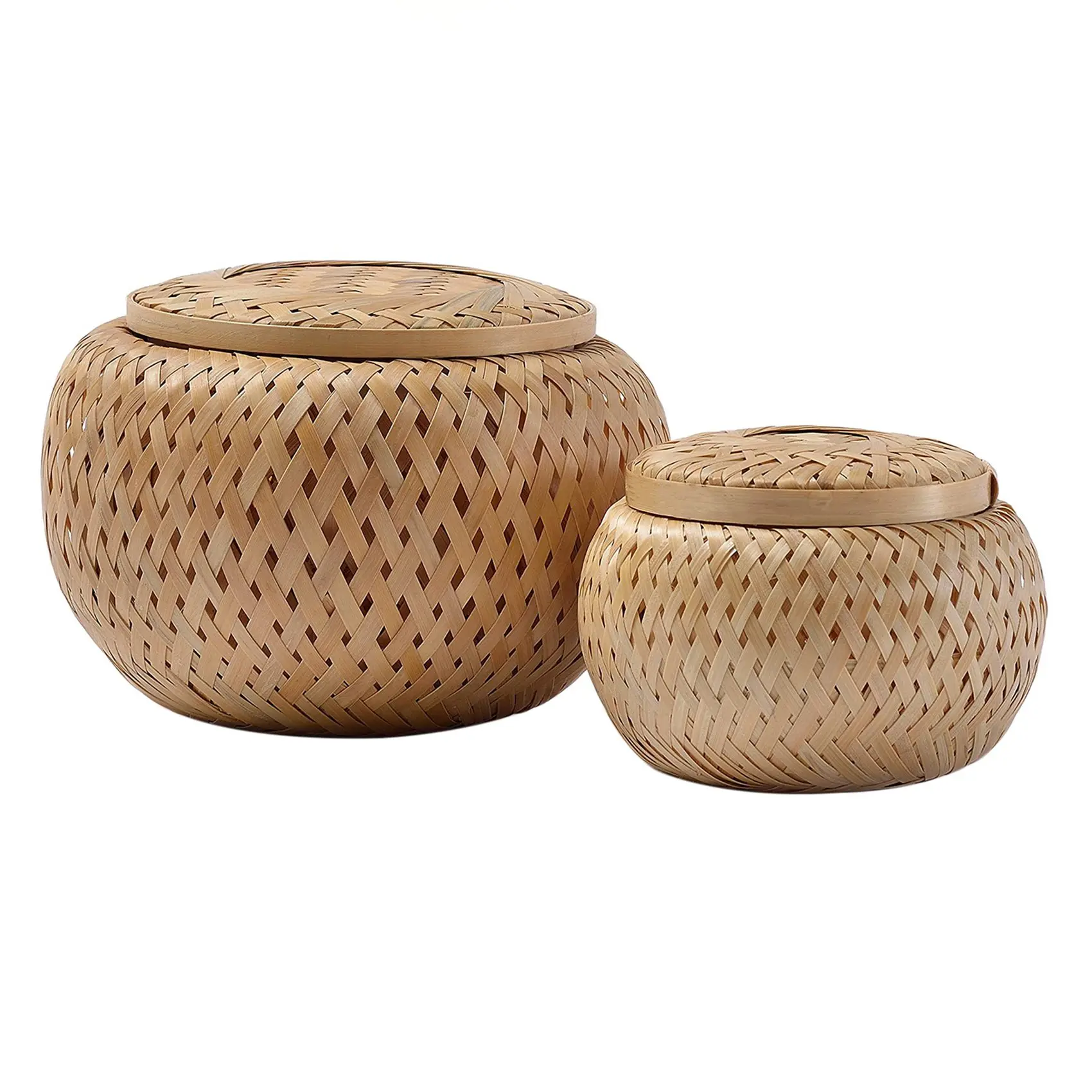 Conjunto de 2 cestas decorativas pequenas de bambu com tampa para armazenar itens pequenos feitos à mão e caixa de armazenamento de bambu trançada