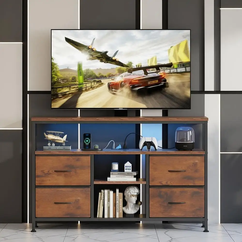 

4-Drawer Bedroom TV Stand Entertainment Center with LED Lights, Power Outlets, and Adjustable Feet for 50 Inch TVs