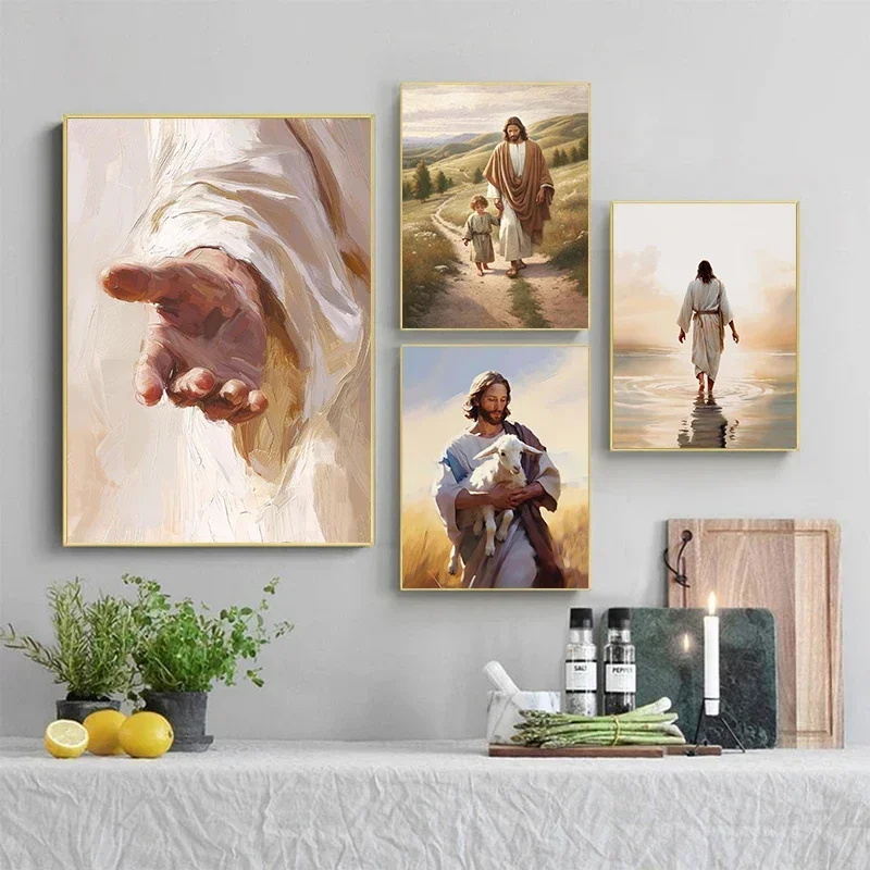 Póster Retro Clásico de Jesús Cristo Caminando sobre el Agua, Mano de Dios, Retrato de Jesús, Lienzos Decorativos para Pared, Cuadros, Decoración del Hogar