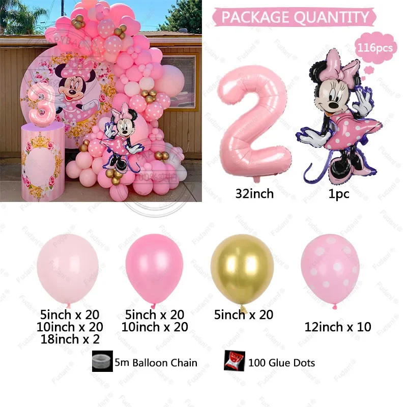 Kit ghirlanda di palloncini Disney Minnie Mouse Palloncini rosa Decorazioni per feste di compleanno per ragazze Baby Shower Dcors Globos Forniture