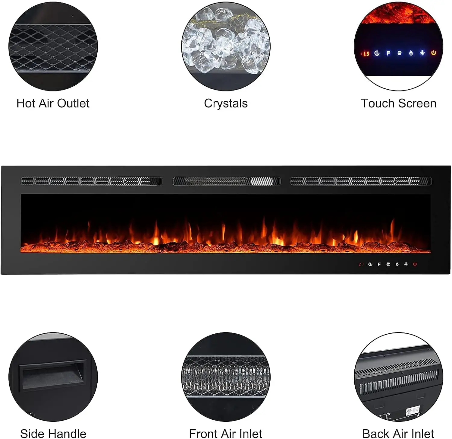 Inserto de chimenea montado en la pared, calentador de 70 pulgadas de ancho, LED, lugar de fuego, Control remoto y pantalla táctil