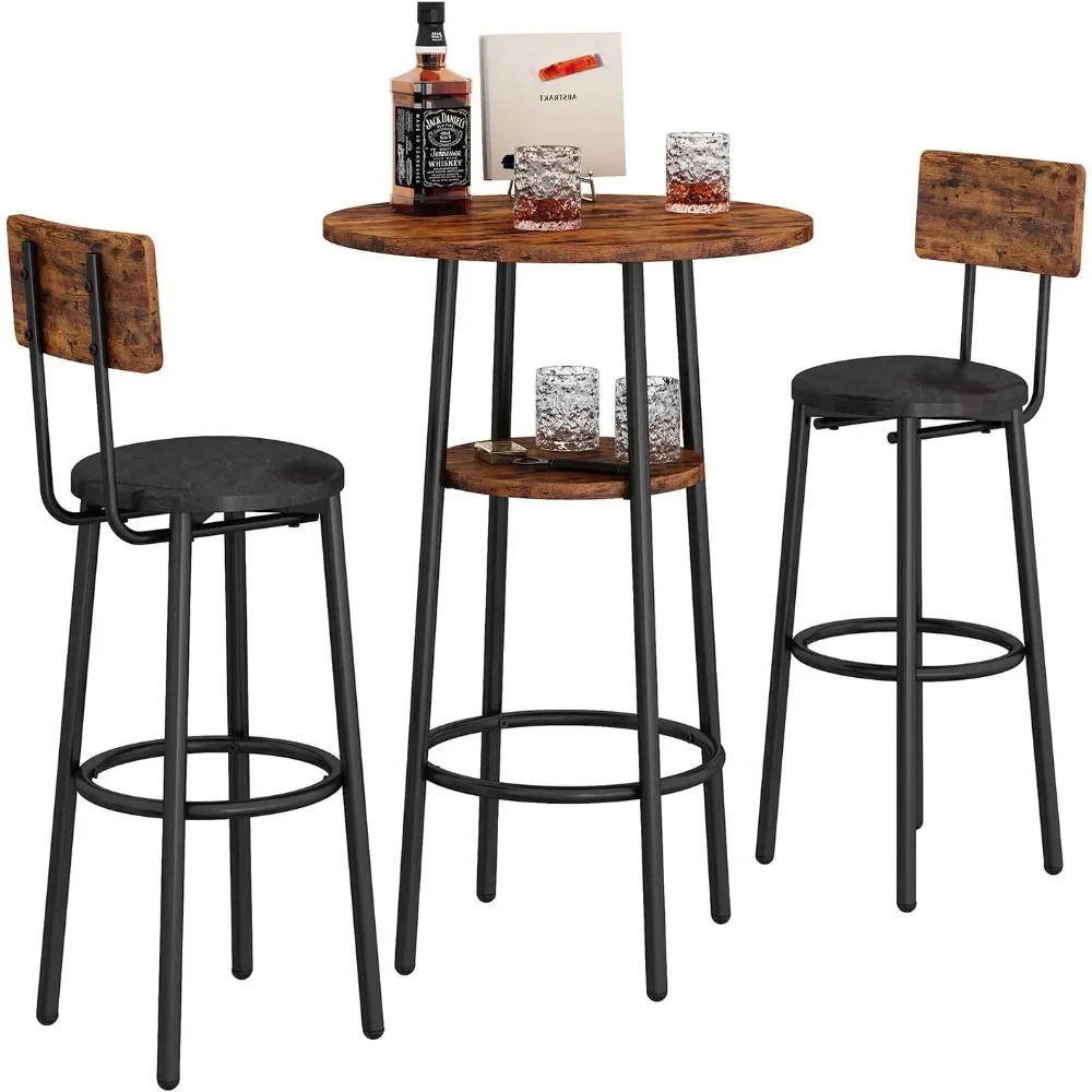3-Piece Bar Table Set for 2, Small 2-Tier Round Bistro Pub Dining Table & PU Upholstered Stools with Backrest
