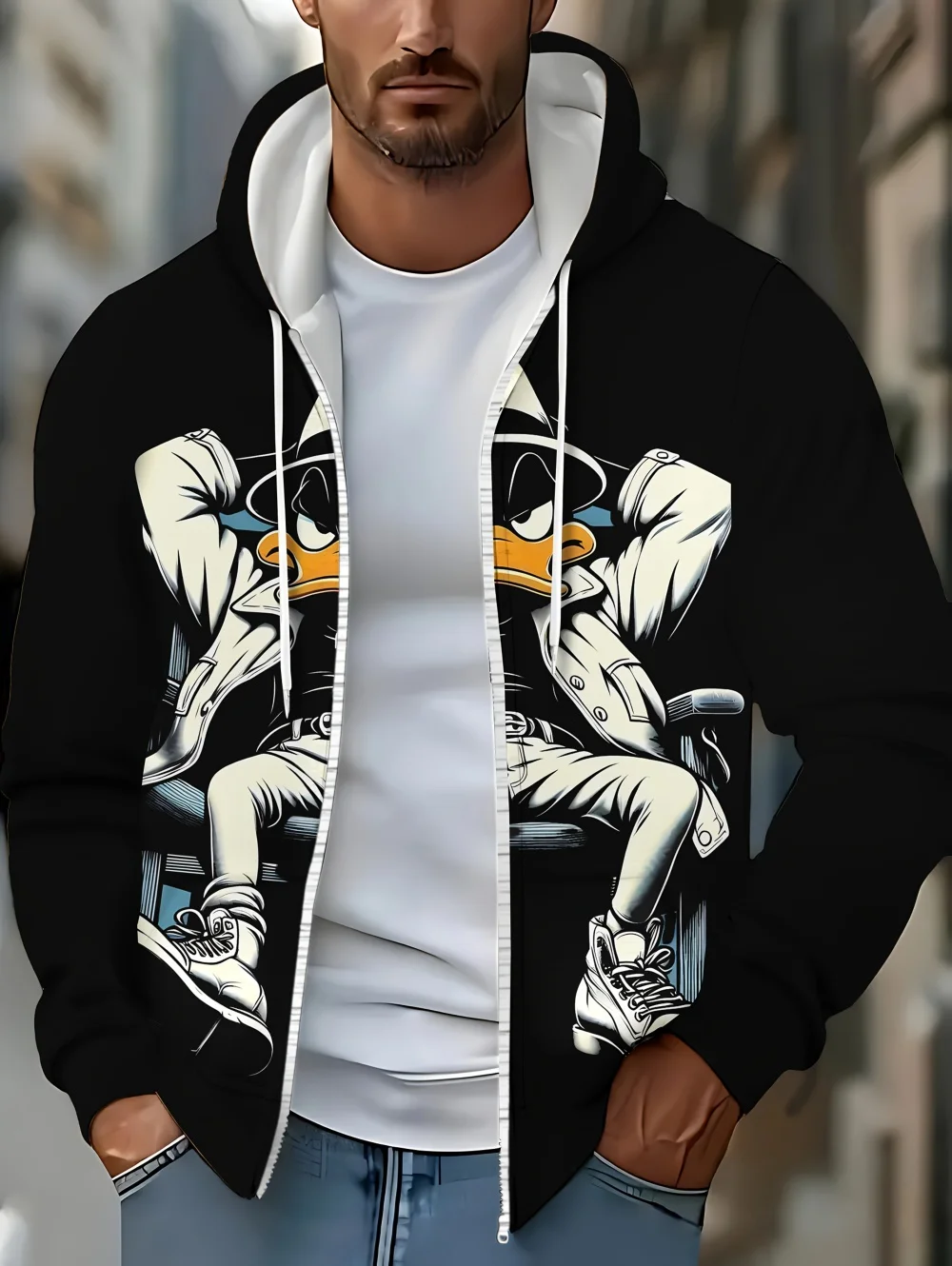 Sweat à capuche à manches longues pour hommes, imprimé canard artistique, fermeture éclair, poches à cordon de serrage, personnalité drôle, vêtements surdimensionnés