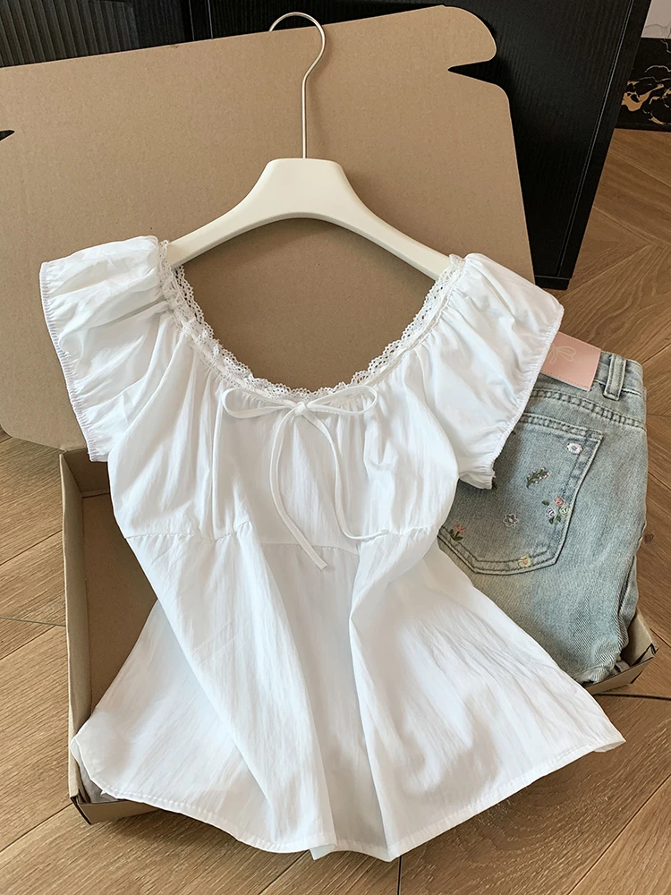 

Sweet Style White Short Sleeve Shirt with Bowknot Lace Square Collar Bubble Sleeve Women's Summer New Fashion Top