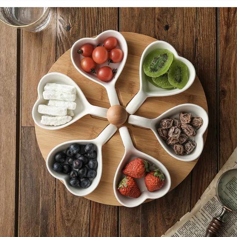 Nordic Art Ceramic Grid White Heart-shaped Fruit Snack Plate Simple Home Restaurant Seasoning Bowl with Rotating Bamboo Plateset