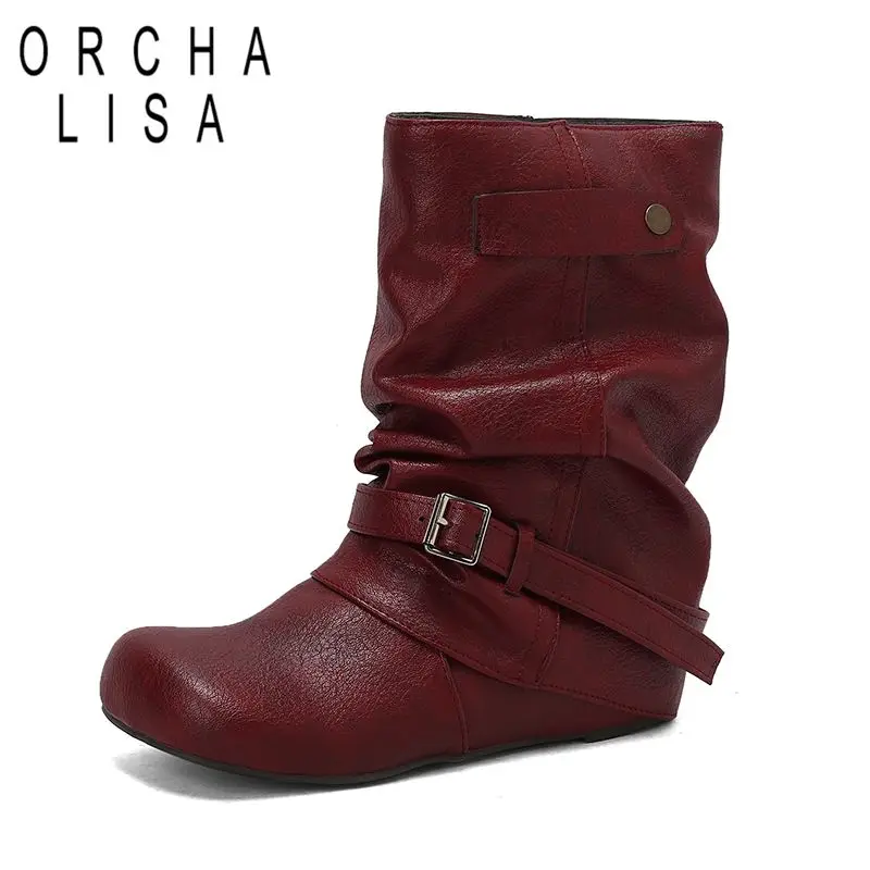 

ORCHA LISA 2025 Женские сапоги до середины икры с круглым носком, увеличенный каблук 5 см, без шнуровки, с пряжкой на ремне, большой размер 48 49 50 Мягкие повседневные женские бота